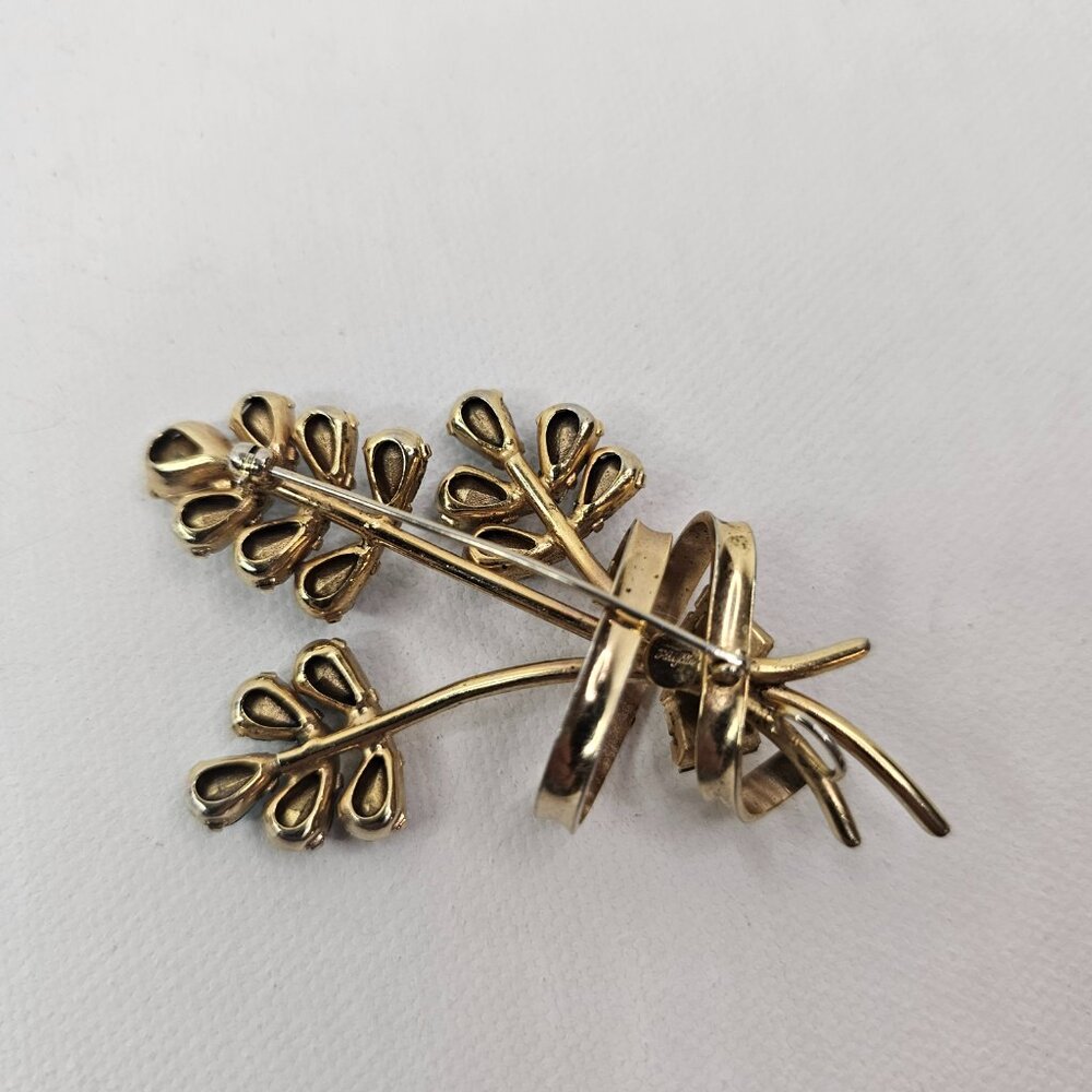 Phyllis Gold Tone Flower Brooch Blue Clear Rhinestone Open Back Bouquet Pin - Picture 5 of 8